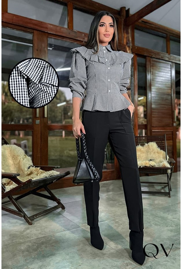 Camisa Com Babados Vichy P&B Luzia Fazzolli Moda Executiva Feminina -  QVestido