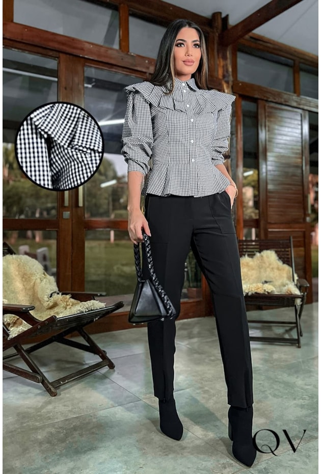 Camisa Com Babados Vichy P&B Luzia Fazzolli Moda Executiva
