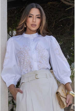 CAMISA COM BORDADO EM TRICOLINE BRANCO - LUZIA FAZZOLLI