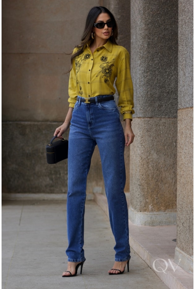 CAMISA COM BORDADO FLORAL EM VISCOSE MOSTARDA - LUZIA FAZZOLLI