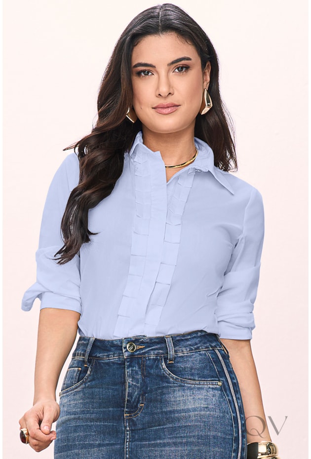 CAMISA COM DETALHE DE PREGAS EM TRICOLINE AZUL - TITANIUM JEANS