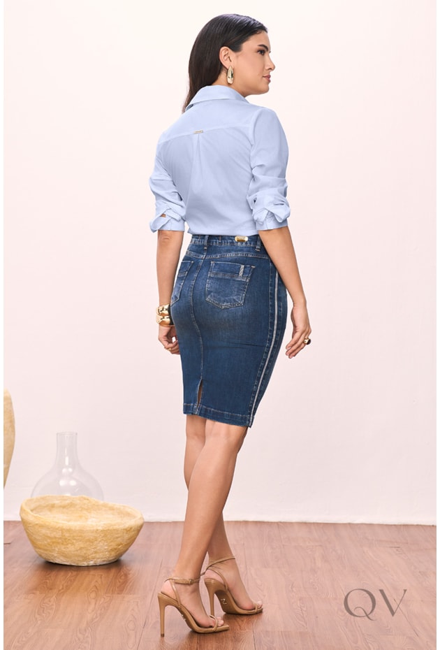 CAMISA COM DETALHE DE PREGAS EM TRICOLINE AZUL - TITANIUM JEANS