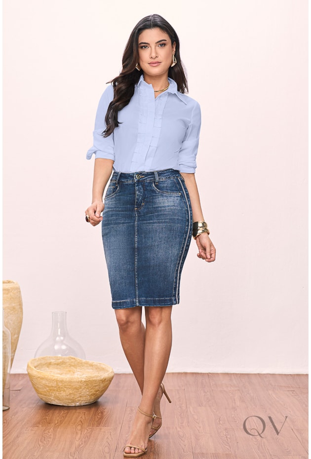 CAMISA COM DETALHE DE PREGAS EM TRICOLINE AZUL - TITANIUM JEANS