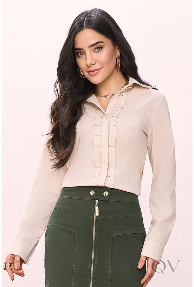 CAMISA COM DETALHE DE PREGAS EM TRICOLINE BEGE - TITANIUM JEANS