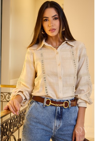 CAMISA COM ENTREMEIO EM LINHO BEGE - LUZIA FAZZOLLI