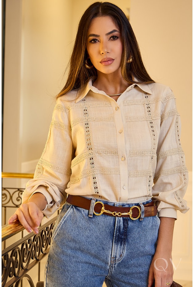 CAMISA COM ENTREMEIO EM LINHO BEGE - LUZIA FAZZOLLI
