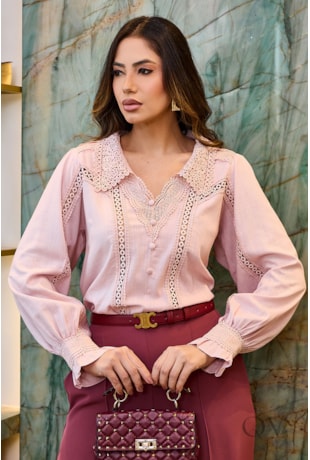 CAMISA COM ENTREMEIO EM LINHO ROSÊ - LUZIA FAZZOLLI