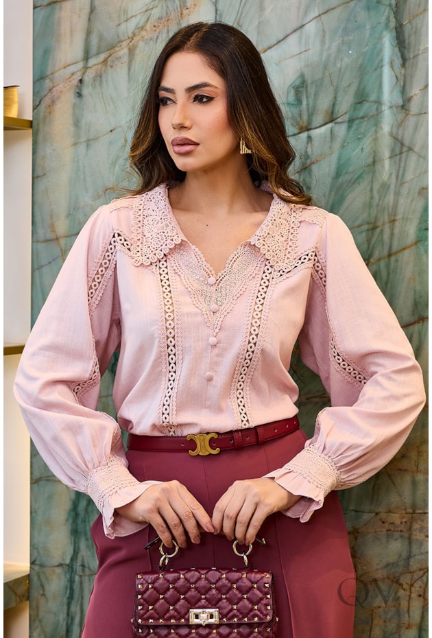 CAMISA COM ENTREMEIO EM LINHO ROSÊ - LUZIA FAZZOLLI