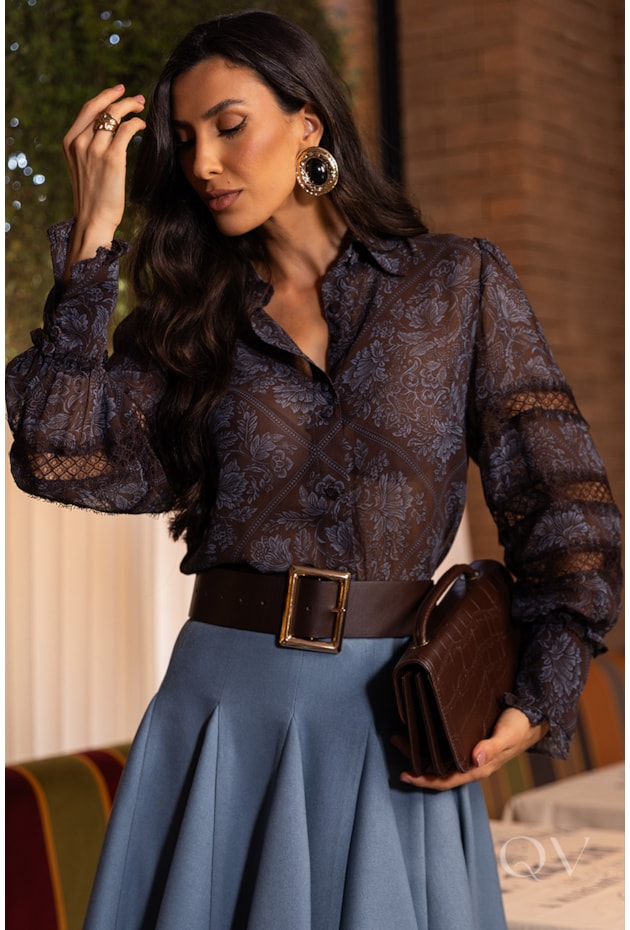 CAMISA COM GOLA EM CHIFFON ESTAMPADO AZUL - LUZIA FAZZOLLI