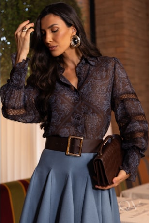 CAMISA COM GOLA EM CHIFFON ESTAMPADO AZUL - LUZIA FAZZOLLI