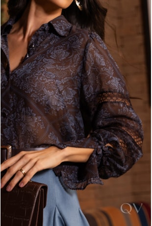 CAMISA COM GOLA EM CHIFFON ESTAMPADO AZUL - LUZIA FAZZOLLI