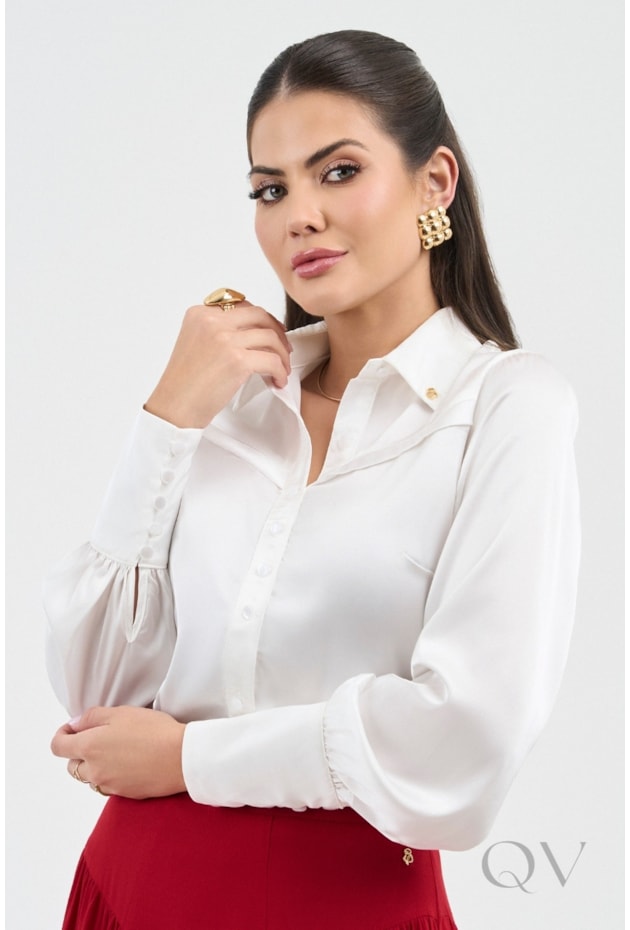 CAMISA COM RECORTE ACETINADA OFF WHITE - VIA TOLENTINO