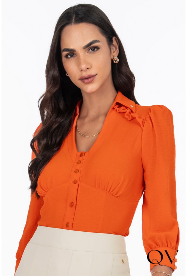 CAMISA CREPE COM FRANZIDOS LARANJA - VIA TOLENTINO