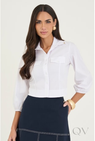 CAMISA CROPPED COM MANGAS 3/4 EM TRICOLINE BRANCA - VIA TOLENTINO