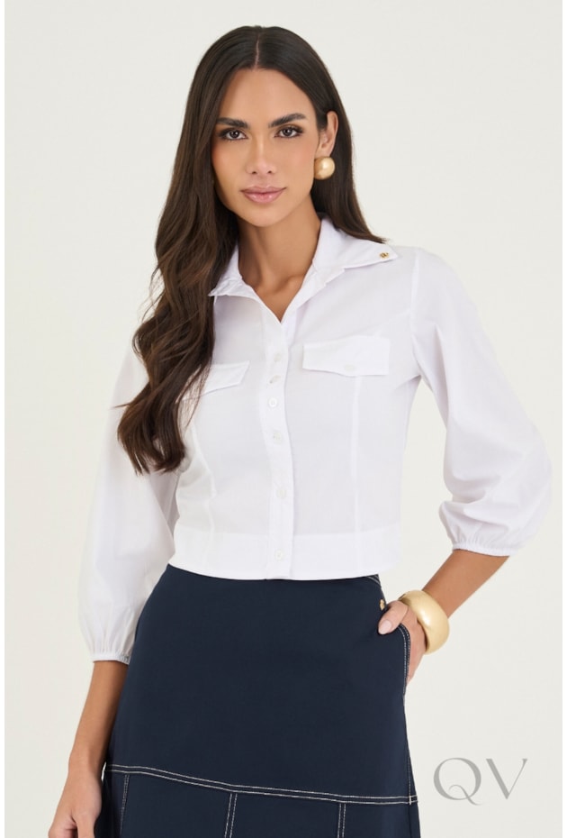 CAMISA CROPPED COM MANGAS 3/4 EM TRICOLINE BRANCA - VIA TOLENTINO
