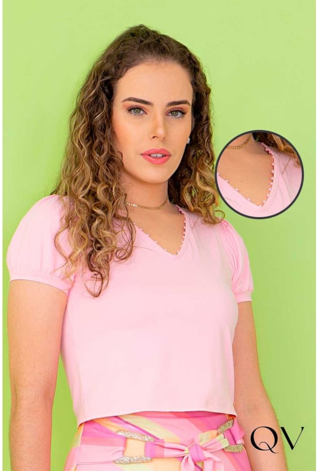 CAMISA CROPPED MALHA FRIA PÉROLAS ROSA - PURO SHARMY