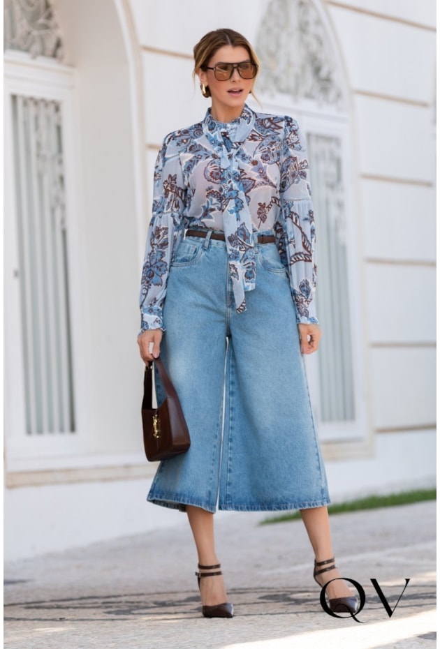 CAMISA EM CHIFFON COM LAÇO ESTAMPADO - LUZIA FAZZOLLI