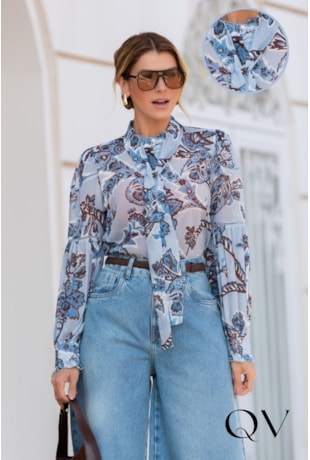 CAMISA EM CHIFFON COM LAÇO ESTAMPADO - LUZIA FAZZOLLI