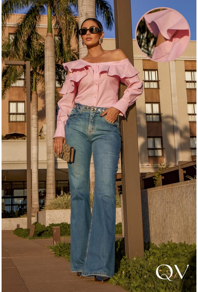 CAMISA EM TRICOLINE COM BABADOS ROSA - LUZIA FAZZOLLI