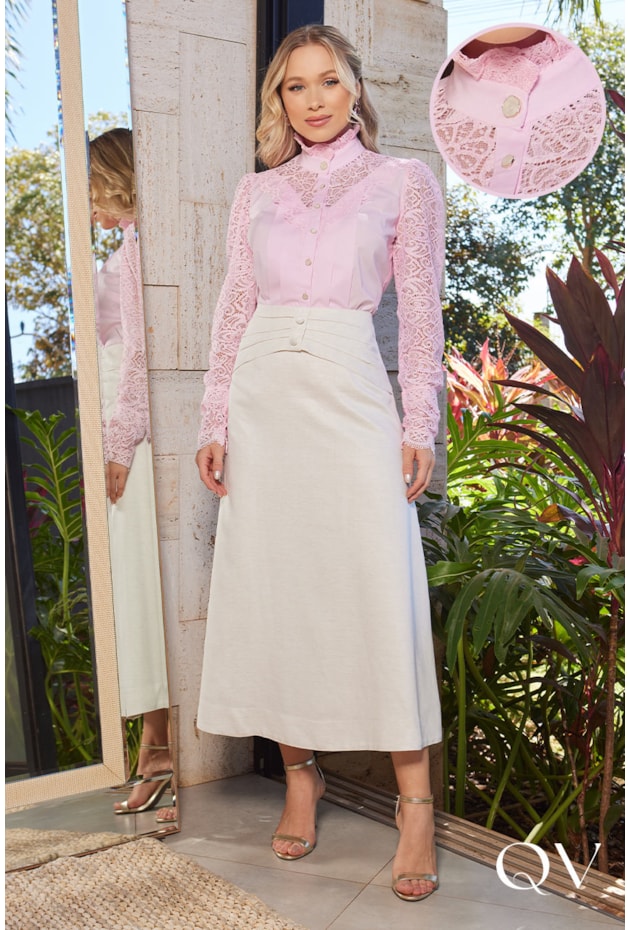 CAMISA EM TRICOLINE COM GUIPIR ROSA - DOCE MARIA CAMISA EM TRICOLINE COM GUIPIR ROSA - DOCE MARIA