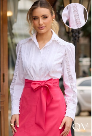 CAMISA EM TRICOLINE COM RENDA E GUIPIR OFF - DOCE MARIA