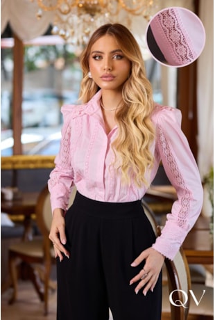 CAMISA EM TRICOLINE COM RENDA E GUIPIR ROSA - DOCE MARIA