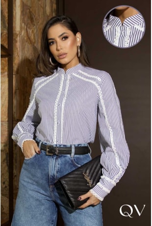 CAMISA EM TRICOLINE LISTRADO AZUL MARINHO - LUZIA FAZZOLLI