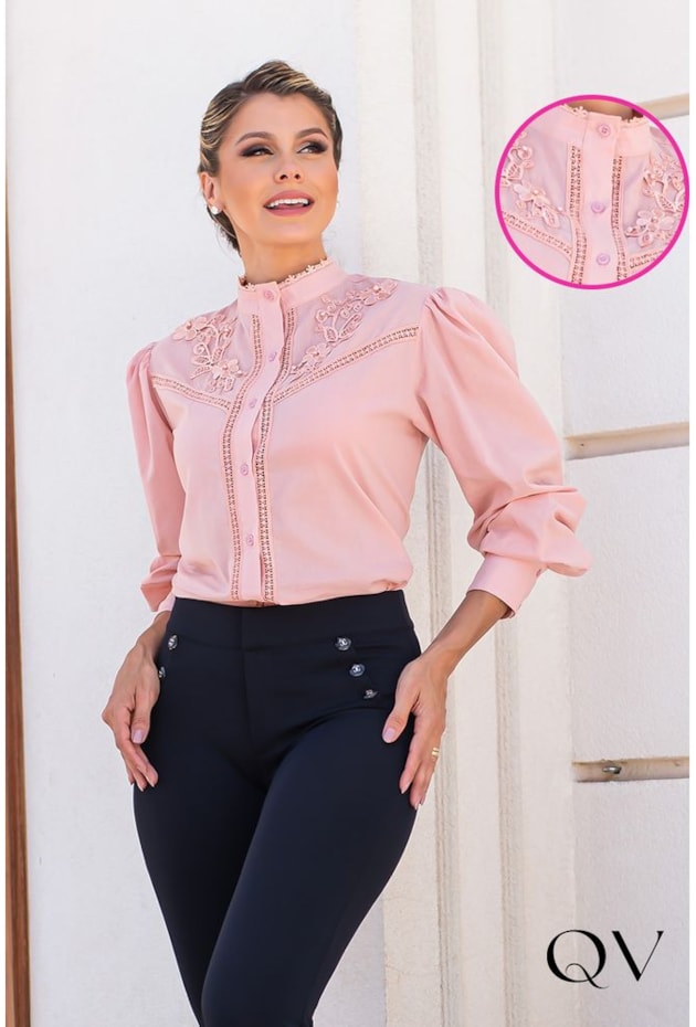 CAMISA GOLA PADRE COM RENDA ROSA - EVA BELLA