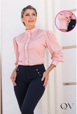 CAMISA GOLA PADRE COM RENDA ROSA - EVA BELLA