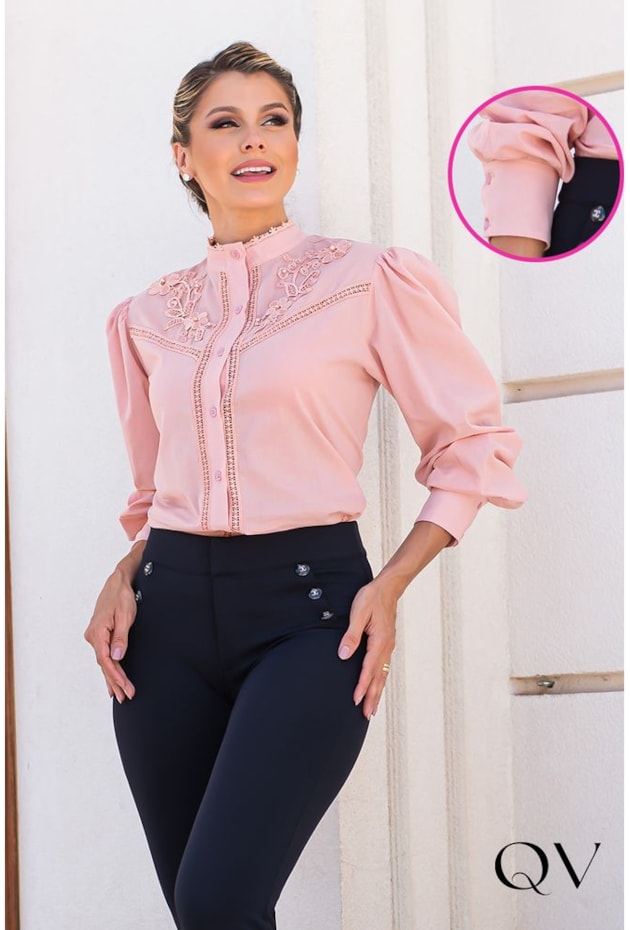 CAMISA GOLA PADRE COM RENDA ROSA - EVA BELLA CAMISA GOLA PADRE COM RENDA ROSA - EVA BELLA