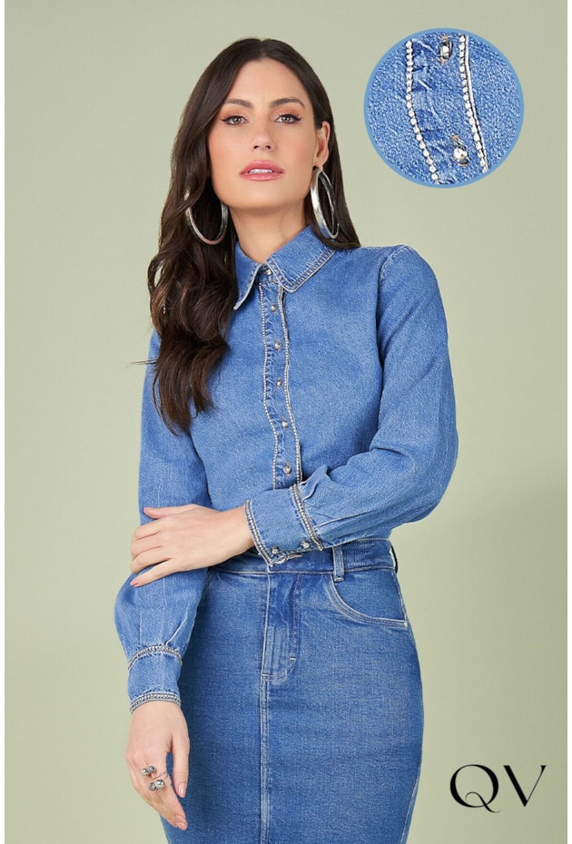 CAMISA JEANS MANGA LONGA COM STRASS - TITANIUM JEANS CAMISA JEANS MANGA LONGA COM STRASS - TITANIUM JEANS