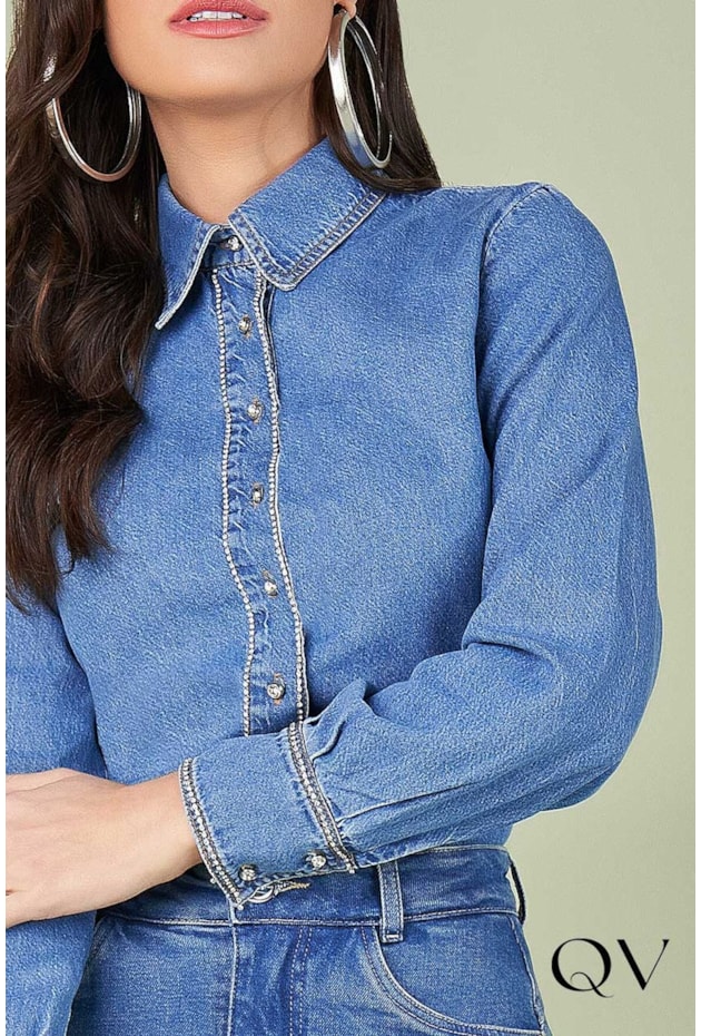 CAMISA JEANS MANGA LONGA COM STRASS - TITANIUM JEANS CAMISA JEANS MANGA LONGA COM STRASS - TITANIUM JEANS