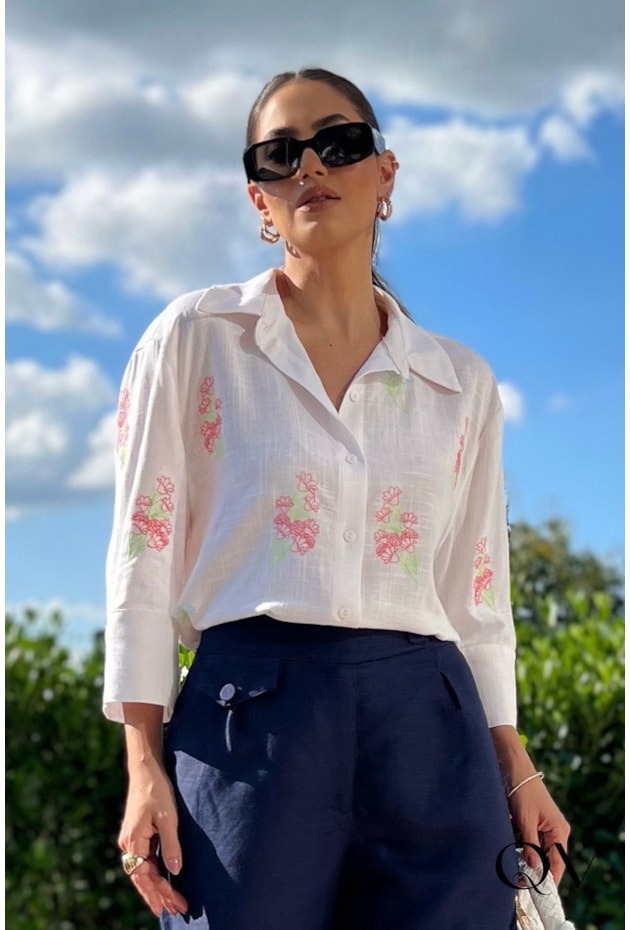 CAMISA LINHO BORDADA BRANCO - LUZIA FAZZOLLI