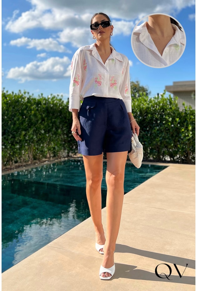 CAMISA LINHO BORDADA BRANCO - LUZIA FAZZOLLI