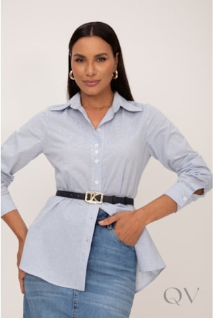 CAMISA LISTRADA BORDADA EM MINI POÁS EM CAMBRAIA COM ALGODÃO AZUL - LEKAZIS