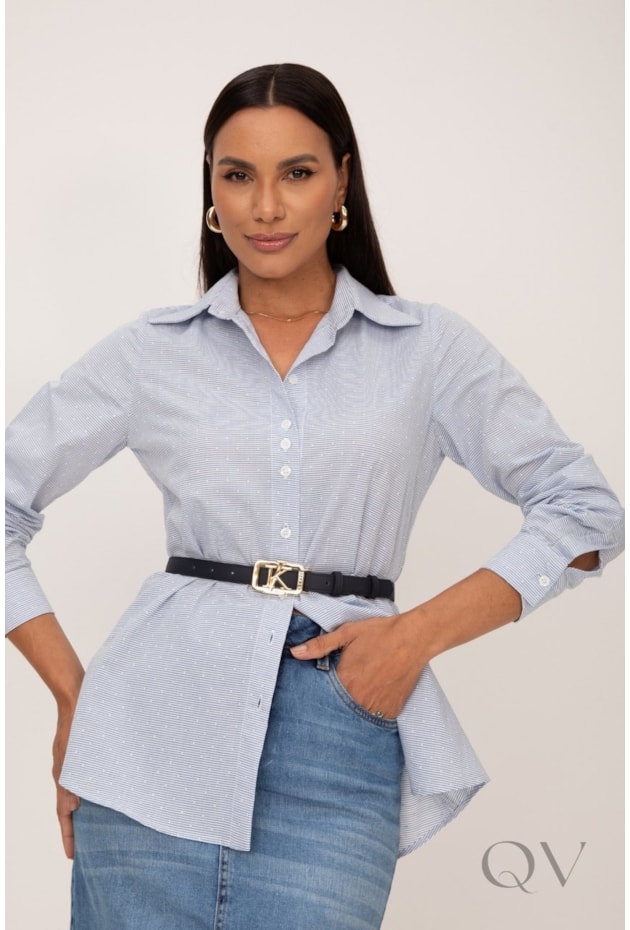 CAMISA LISTRADA BORDADA EM MINI POÁS EM CAMBRAIA COM ALGODÃO AZUL - LEKAZIS