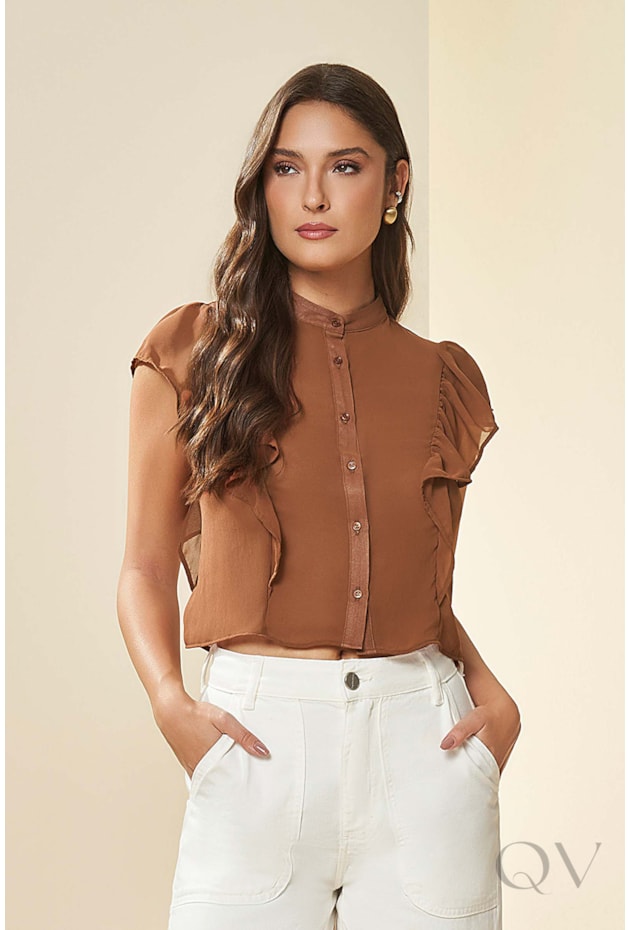 CAMISA MANGA CURTA EM PLANO CHIFFON MARROM - DOCE TRAMA