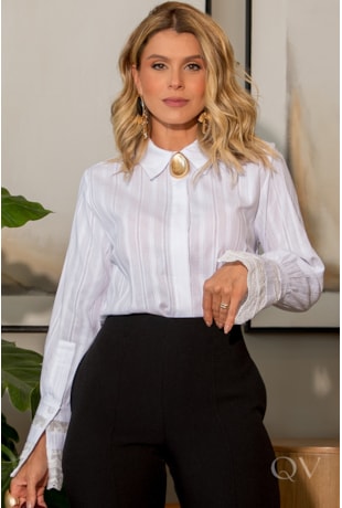 CAMISA MANGA LONGA BORDADA EM TRICOLINE BRANCO - LUZIA FAZZOLLI