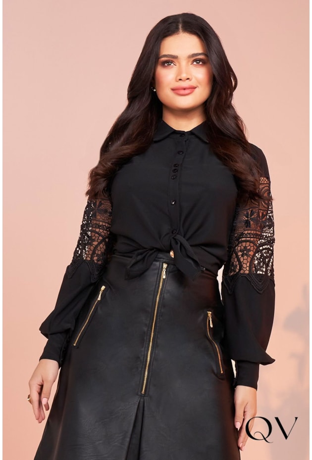 CAMISA MANGA LONGA COM ENTREMEIOS PRETO - FASCÍNIUS CAMISA MANGA LONGA COM ENTREMEIOS PRETO - FASCÍNIUS