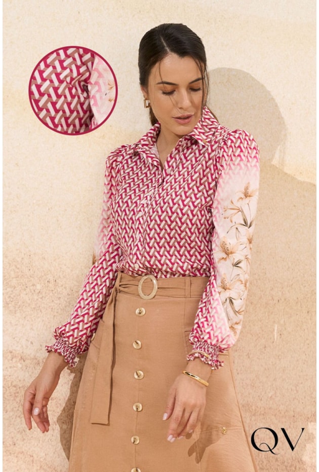 CAMISA TOQUE DE SEDA ESTAMPA CHEVRON PINK - VIA TOLENTINO CAMISA TOQUE DE SEDA ESTAMPA CHEVRON PINK - VIA TOLENTINO