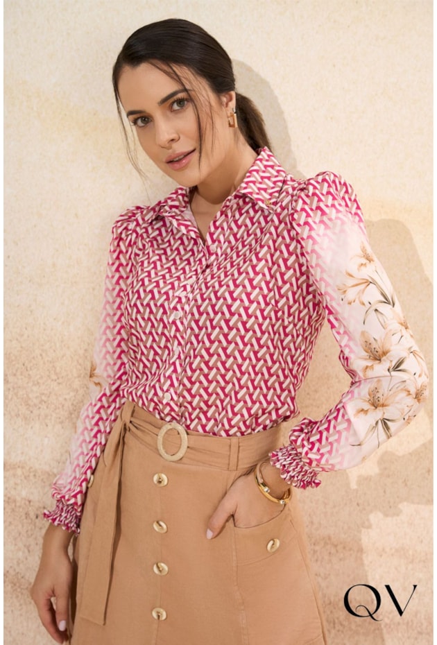 CAMISA TOQUE DE SEDA ESTAMPA CHEVRON PINK - VIA TOLENTINO CAMISA TOQUE DE SEDA ESTAMPA CHEVRON PINK - VIA TOLENTINO