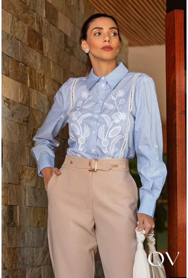 CAMISA TRICOLINE BORDADA LISTRADA AZUL - LUZIA FAZZOLLI CAMISA TRICOLINE BORDADA LISTRADA AZUL - LUZIA FAZZOLLI