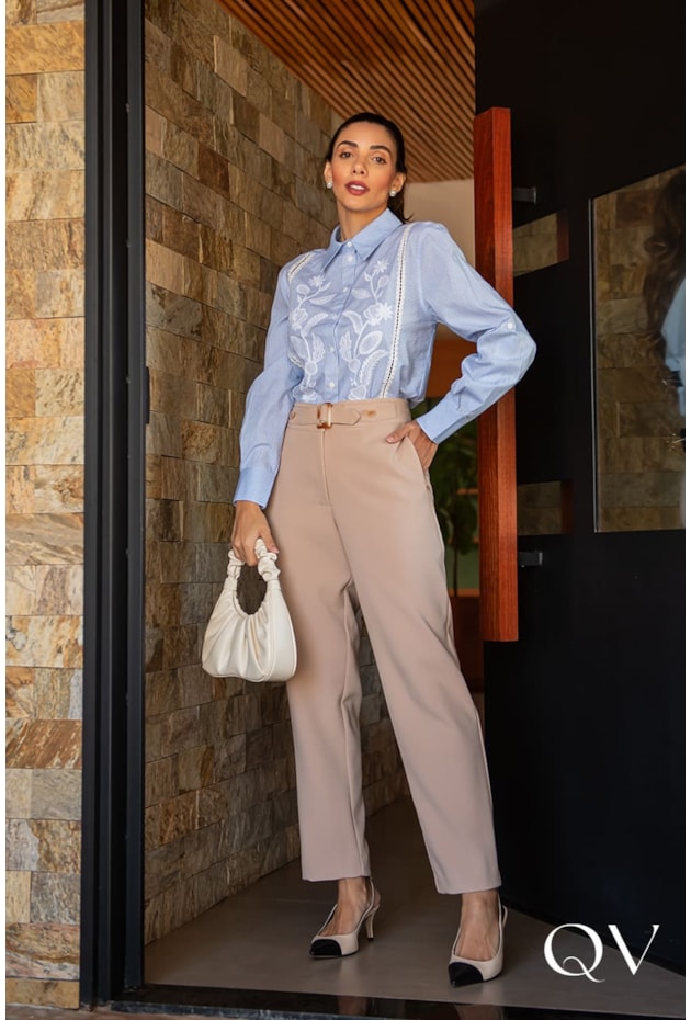 CAMISA TRICOLINE BORDADA LISTRADA AZUL - LUZIA FAZZOLLI CAMISA TRICOLINE BORDADA LISTRADA AZUL - LUZIA FAZZOLLI