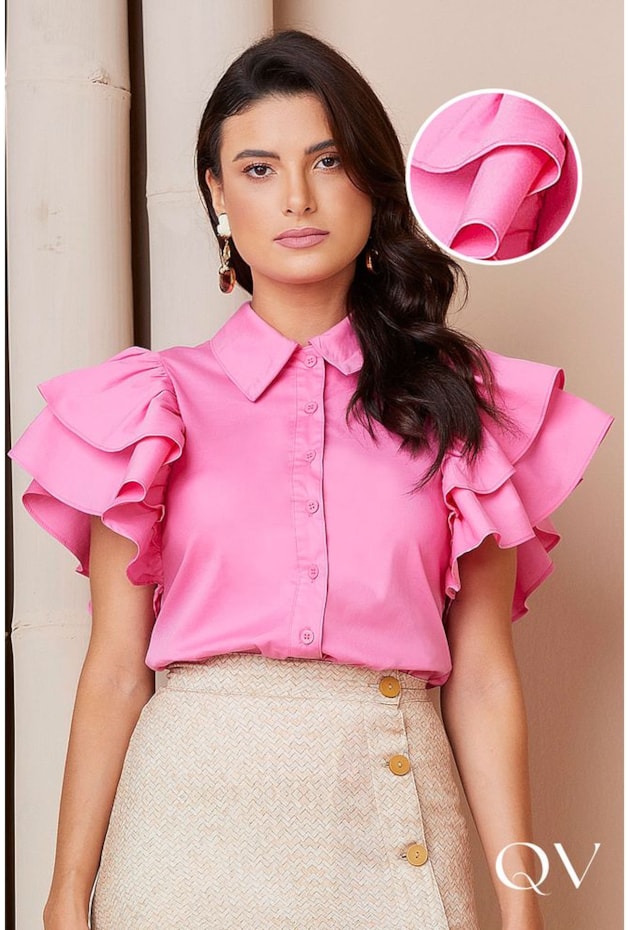 CAMISA TRICOLINE COM BABADOS ROSA - TITANIUM JEANS CAMISA TRICOLINE COM BABADOS ROSA - TITANIUM JEANS