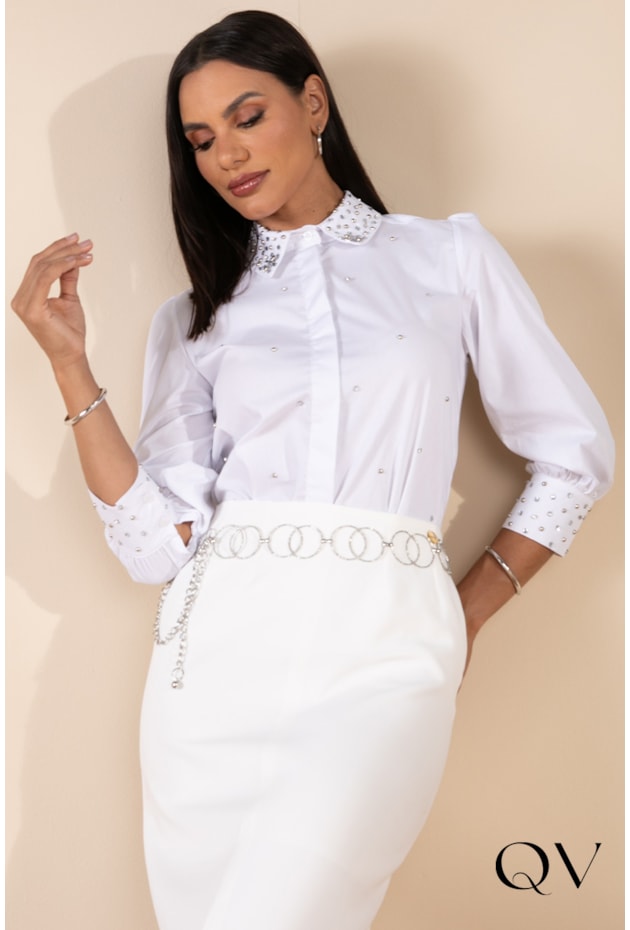 CAMISA TRICOLINE COM PEDRARIAS BRANCO - LEKAZIS CAMISA TRICOLINE COM PEDRARIAS BRANCO - LEKAZIS