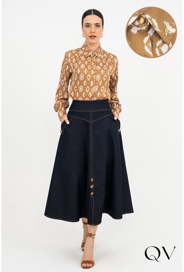 CAMISA TWILL COM ESTAMPA ORGÂNICA OCRE - VIA TOLENTINO