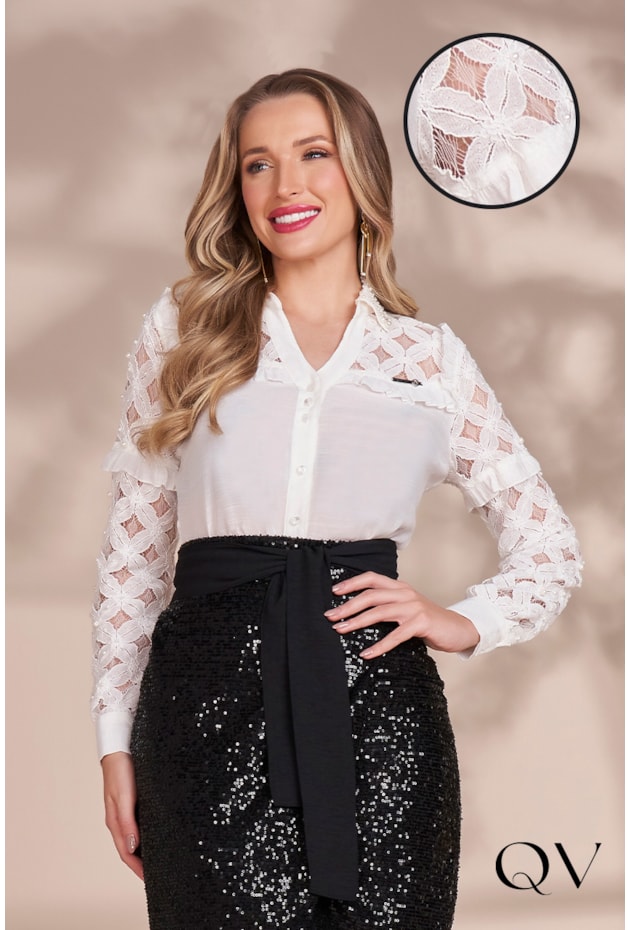 CAMISA VISCOSE RENDA VAZADA OFF WHITE - FASCÍNIUS CAMISA VISCOSE RENDA VAZADA OFF WHITE - FASCÍNIUS