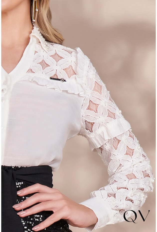 CAMISA VISCOSE RENDA VAZADA OFF WHITE - FASCÍNIUS CAMISA VISCOSE RENDA VAZADA OFF WHITE - FASCÍNIUS