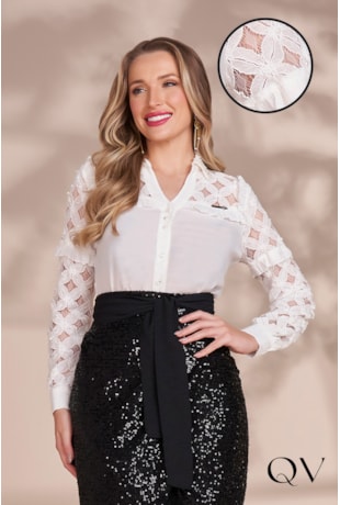 CAMISA VISCOSE RENDA VAZADA OFF WHITE - FASCÍNIUS