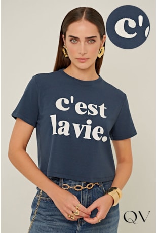 CAMISETA EM MALHA COM SILK BORDADO MARINHO - LINDA DE MORRER